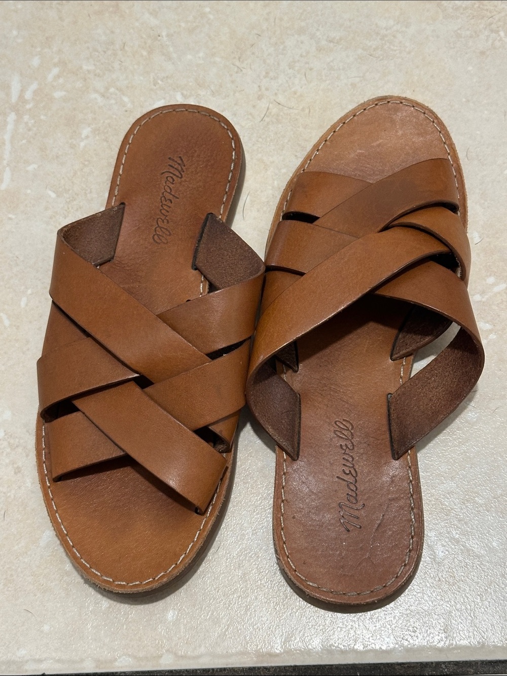 Madewell Cognac Brown Leather Crossband Slide Sandals